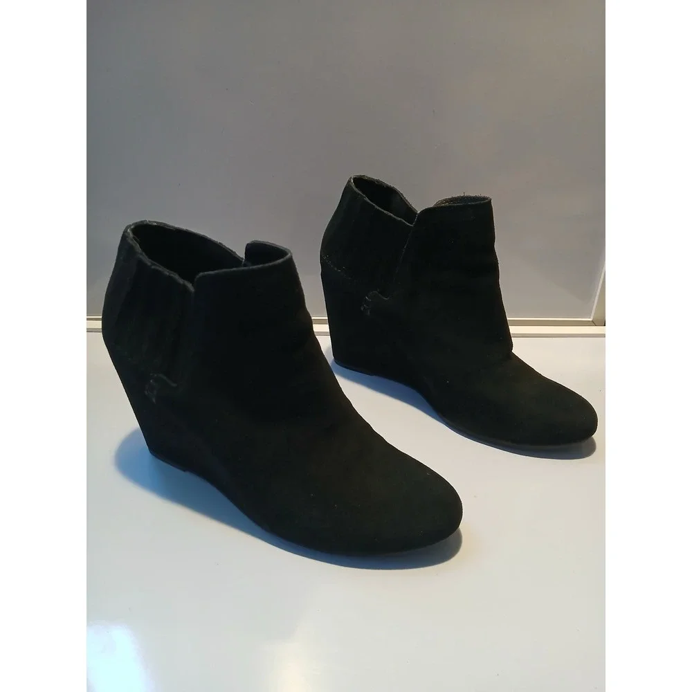Black Suede Wedge‎ Ankle Boots Women's Elastic Side Zip Heel Shoes